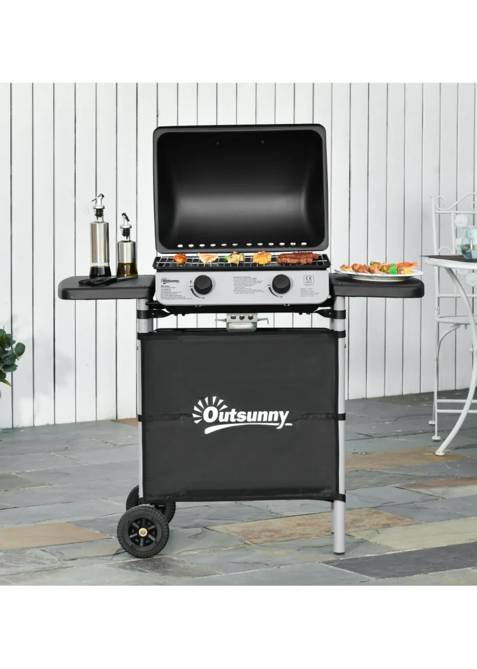 Outsunny 2 Burner Gas Barbecue Grill Propane Gas Cooking BBQ 5.6 kW with Side Shelves Wheels