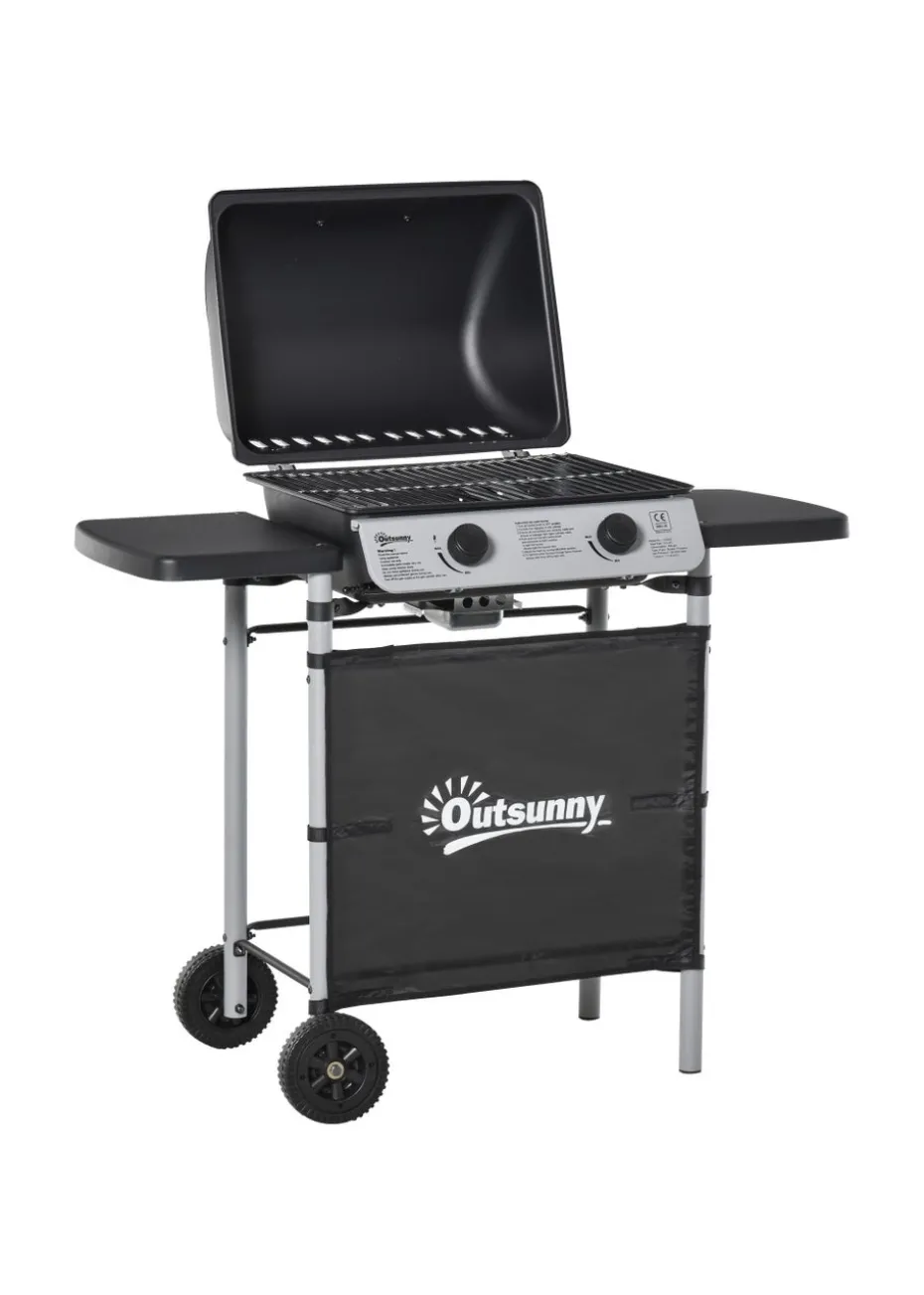 Outsunny 2 Burner Gas Barbecue Grill Propane Gas Cooking BBQ 5.6 kW with Side Shelves Wheels