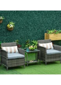 Outsunny 3 PC Outdoor Rattan Sofa Set with Chairs Coffee Table Cushion Grey