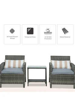 Outsunny 3 PC Outdoor Rattan Sofa Set with Chairs Coffee Table Cushion Grey