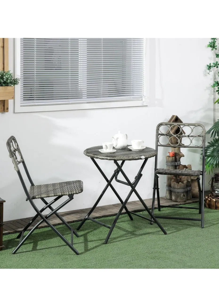 Outsunny 3 PCS Folding Rattan Wicker Bistro Set Coffee Table Set Grey