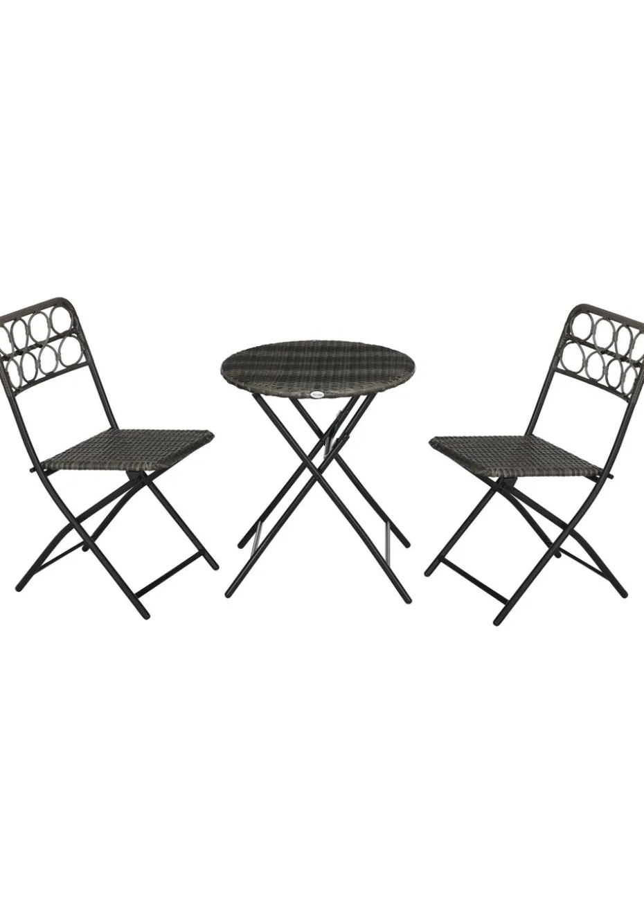 Outsunny 3 PCS Folding Rattan Wicker Bistro Set Coffee Table Set Grey