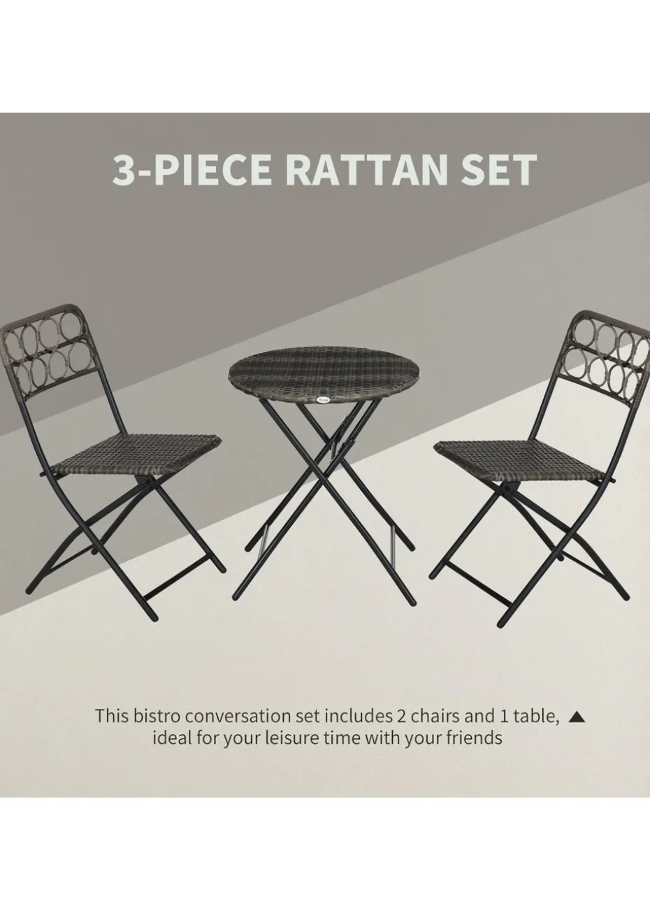 Outsunny 3 PCS Folding Rattan Wicker Bistro Set Coffee Table Set Grey