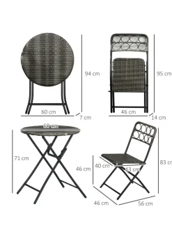 Outsunny 3 PCS Folding Rattan Wicker Bistro Set Coffee Table Set Grey