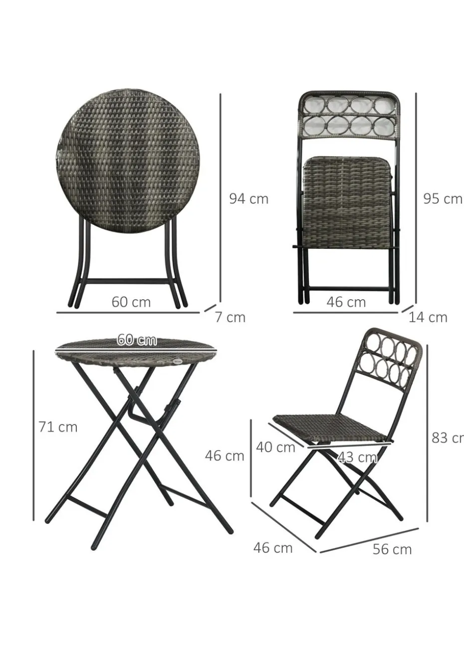 Outsunny 3 PCS Folding Rattan Wicker Bistro Set Coffee Table Set Grey