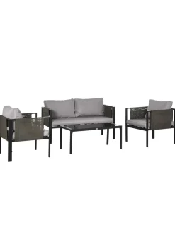 Outsunny 4 Piece Garden Sofa Set w/ Tempered Glass Coffee Table Padded Cushions