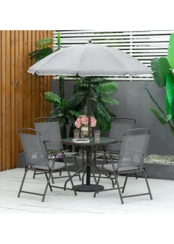 Outsunny 6 Piece Patio Dining Set with Garden Umbrella 4 Folding Chairs Grey