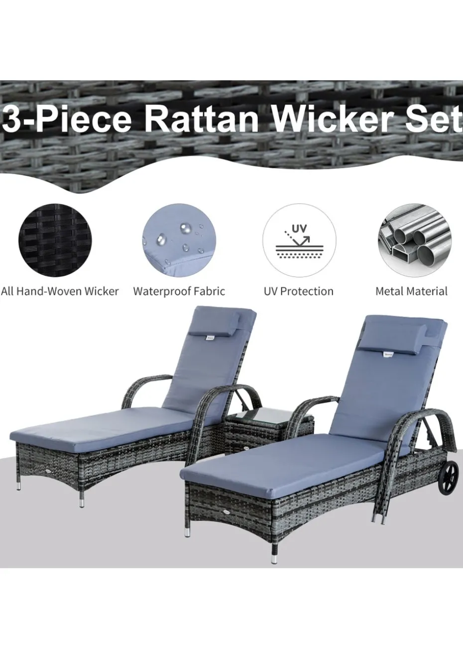 Outsunny 3 Pieces PE Rattan Patio Lounge Chair Set
