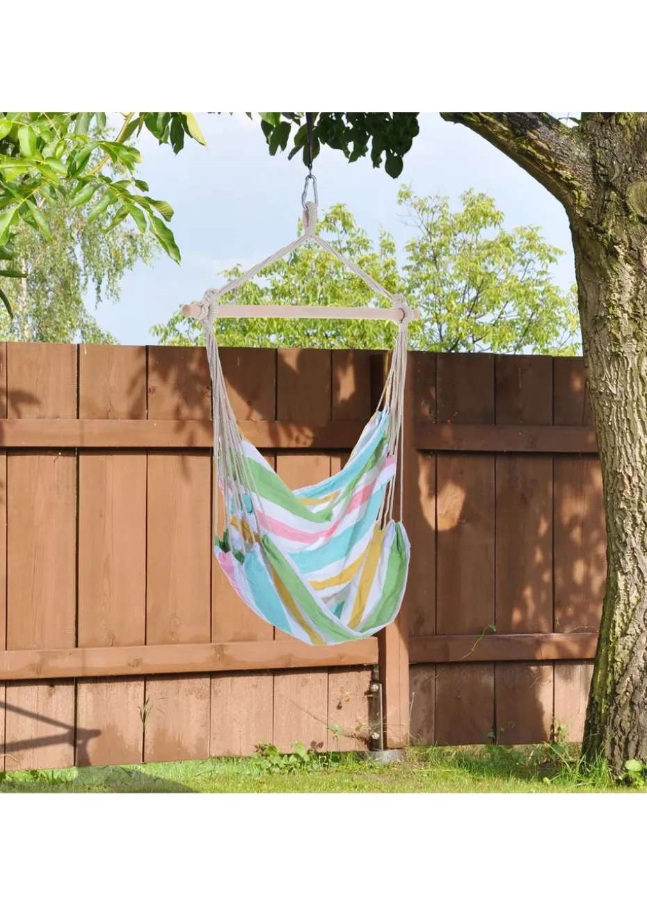 Outsunny Garden Hammock Chair with Wooden Support Bar Cotton Cloth, Portable Garden Chair