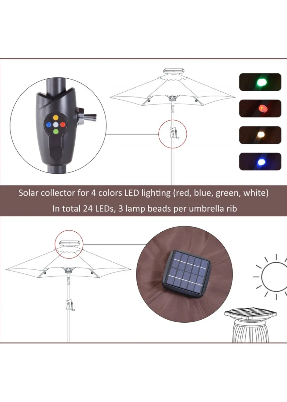 Outsunny Φ2.7m Garden 24 LED Light Parasol Solar Outdoor Tilt Sun Umbrella Patio Sun Shade