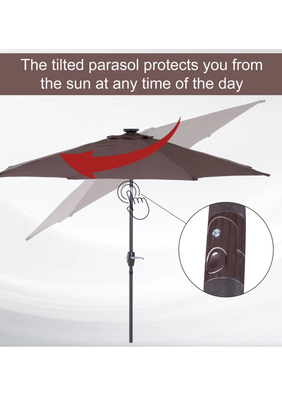 Outsunny Φ2.7m Garden 24 LED Light Parasol Solar Outdoor Tilt Sun Umbrella Patio Sun Shade