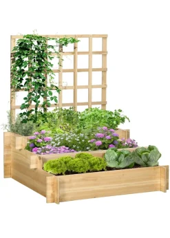 Outsunny Natural 3 Tier Wooden Garden Planters with Trellis