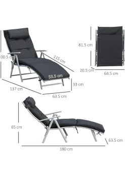 Outsunny Outdoor Patio Sun Lounger Garden Texteline Foldable Reclining Chair with Cushion - Black