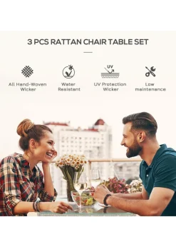 Outsunny Rattan Bistro Set Garden Chair Table Patio Outdoor Light Grey