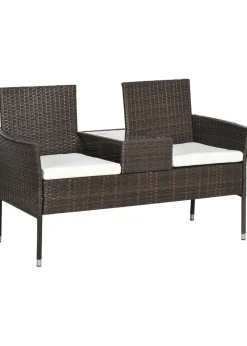 Outsunny Rattan Garden Bench Glass Tea Table Wicker Chair with Cushions