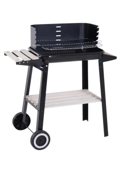 Outsunny Trolley Charcoal BBQ Barbecue Grill with Side Trays Storage Shelf and Wheels