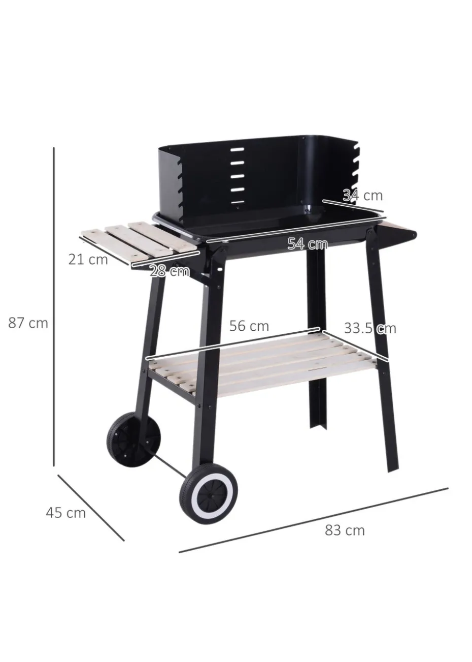Outsunny Trolley Charcoal BBQ Barbecue Grill with Side Trays Storage Shelf and Wheels