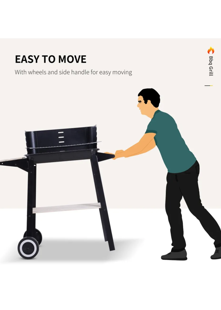 Outsunny Trolley Charcoal BBQ Barbecue Grill with Side Trays Storage Shelf and Wheels