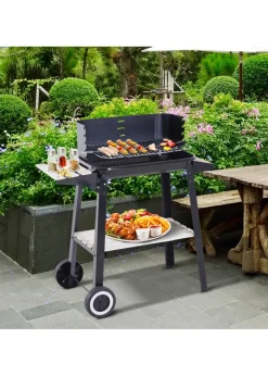 Outsunny Trolley Charcoal BBQ Barbecue Grill with Side Trays Storage Shelf and Wheels