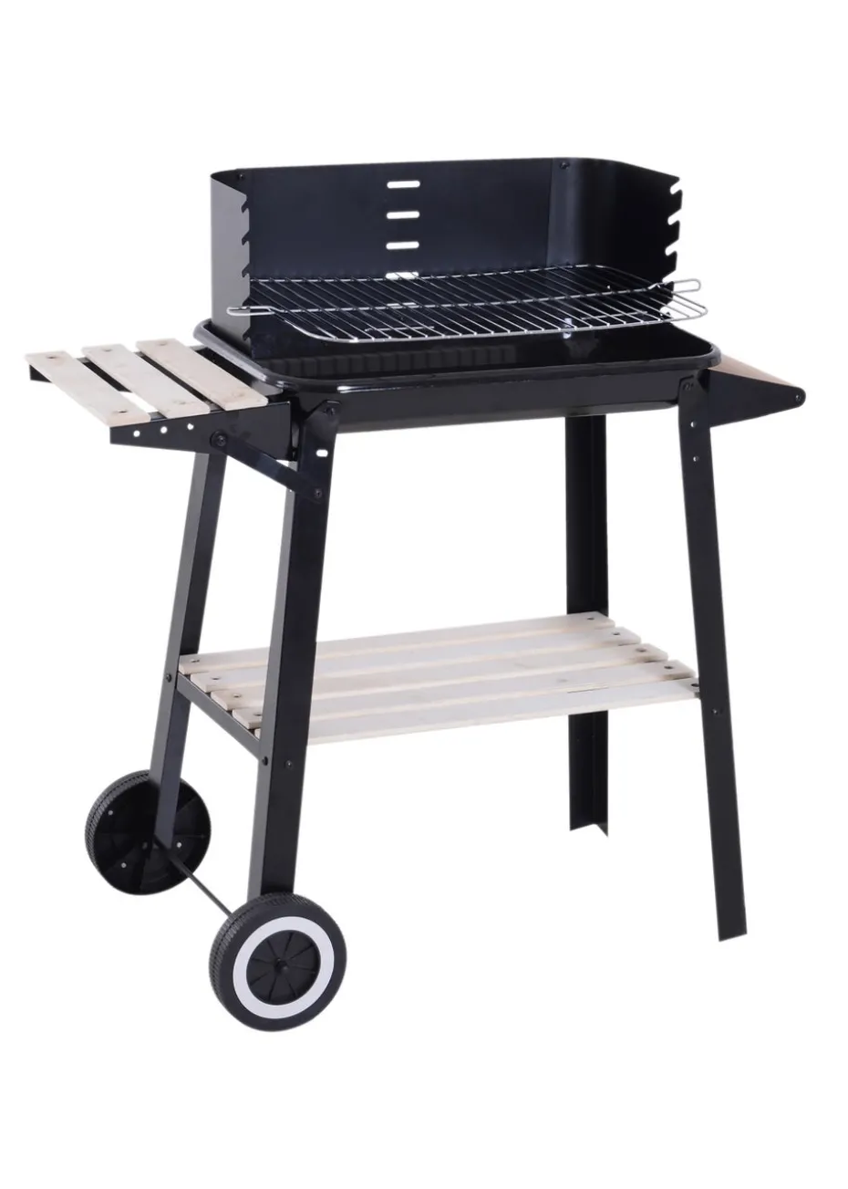 Outsunny Trolley Charcoal BBQ Barbecue Grill with Side Trays Storage Shelf and Wheels