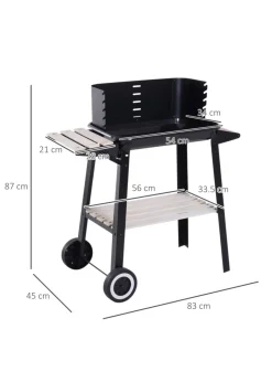 Outsunny Trolley Charcoal BBQ Barbecue Grill with Side Trays Storage Shelf and Wheels