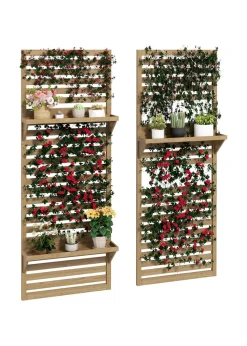 Outsunny Wall Mounted Plant Stands Set of 2 with Shelves and Slatted Trellis