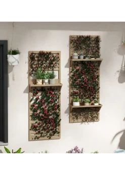 Outsunny Wall Mounted Plant Stands Set of 2 with Shelves and Slatted Trellis
