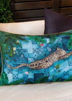 Paoletti Dark Blue Majorelle Leopard Outdoor Piped Outdoor Cushion