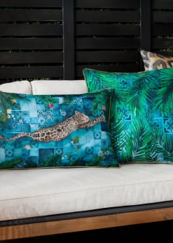 Paoletti Dark Blue Majorelle Leopard Outdoor Piped Outdoor Cushion