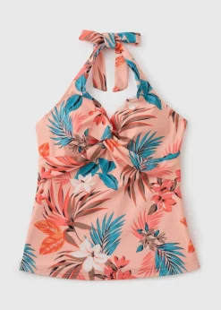 Peach Floral Halter Neck Tankini Top