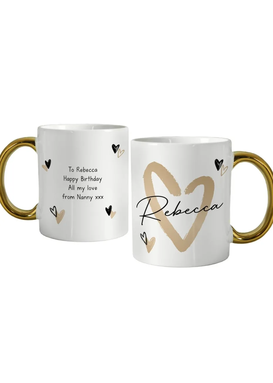 Personalised Memento Company White Hearts Gold Handled Mug