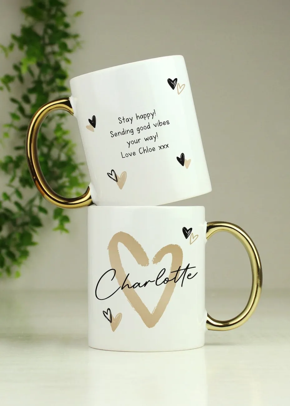 Personalised Memento Company White Hearts Gold Handled Mug