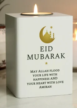 Personalised Memento Company White Eid & Ramadan Wooden Tea light Holder