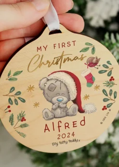 Personalised Memento Company Wood First Christmas Tiny Tatty Teddy Round Decoration