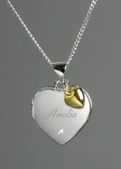Personalised Memento Company Sterling Silver Heart Locket Necklace & 9ct Gold Charm