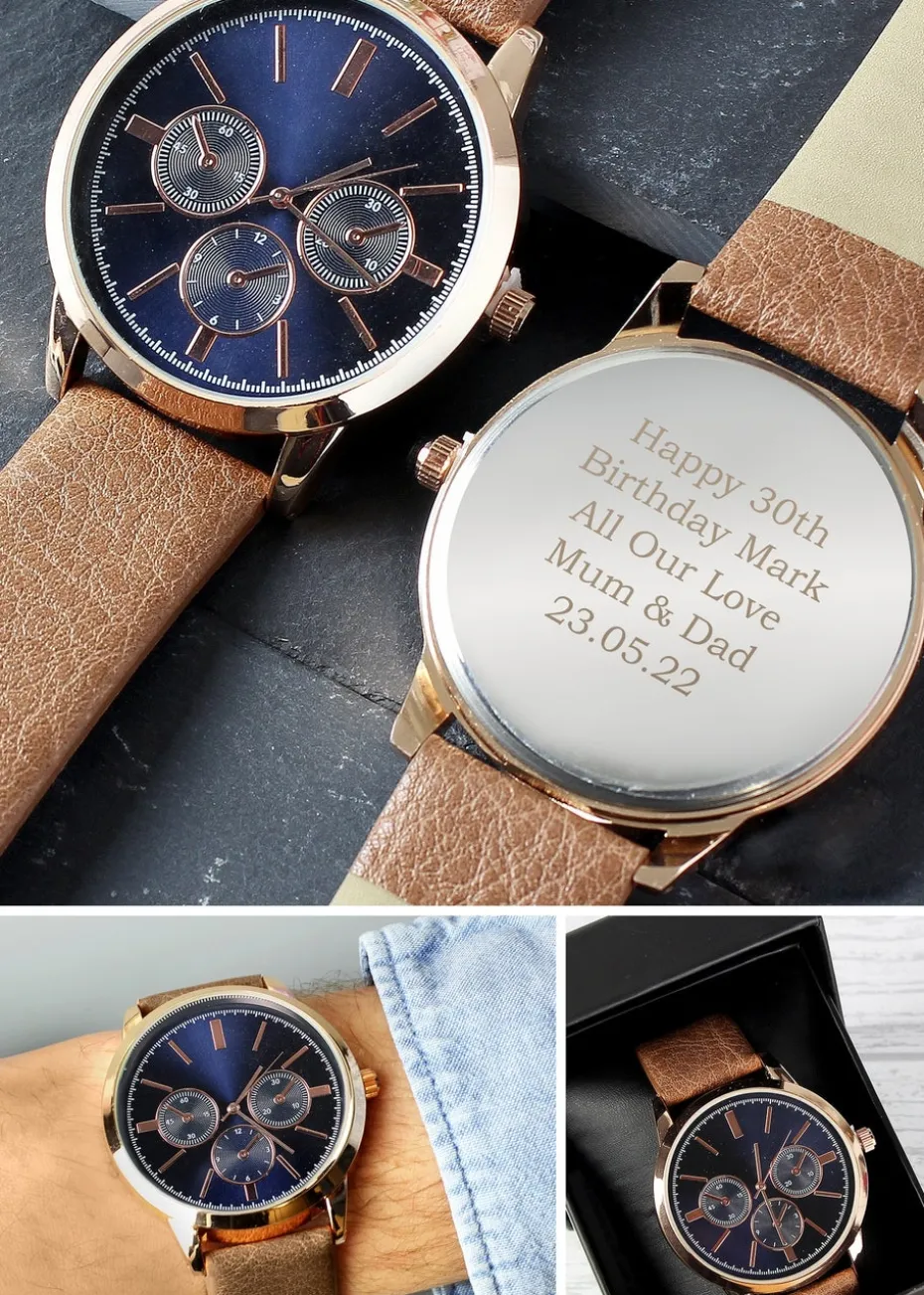Personalised Memento Company Rose Gold Mens Watch with Brown Strap and Presentation Box