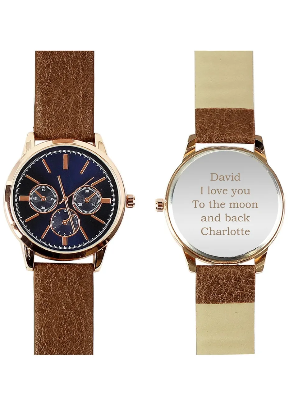 Personalised Memento Company Rose Gold Mens Watch with Brown Strap and Presentation Box