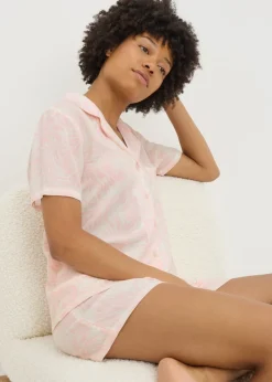 Pink Crinkle Palm Leaf Shorts Pyjama Set