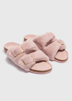 Pink Double Buckle Footbed Slippers