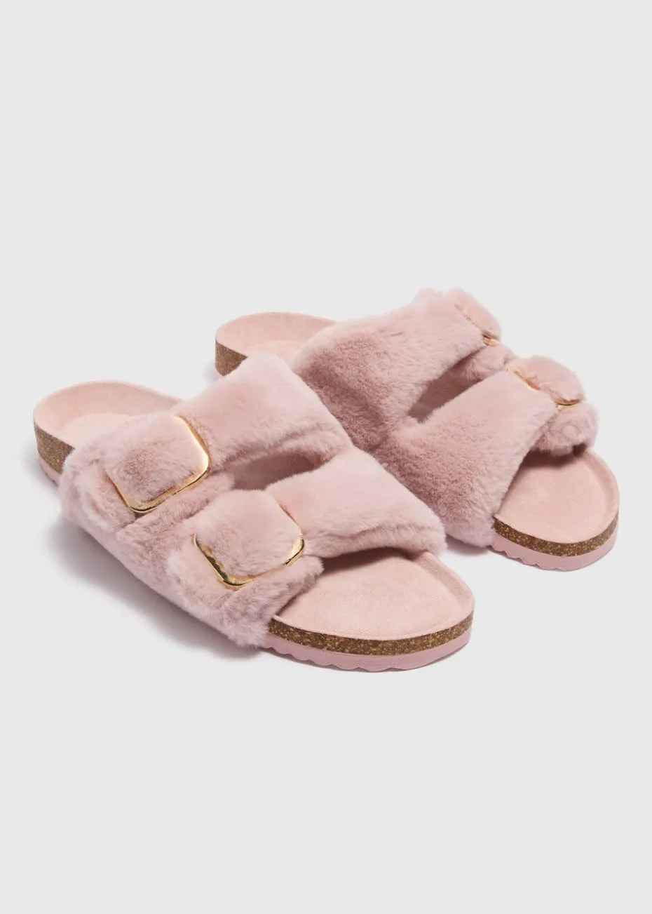 Pink Double Buckle Footbed Slippers