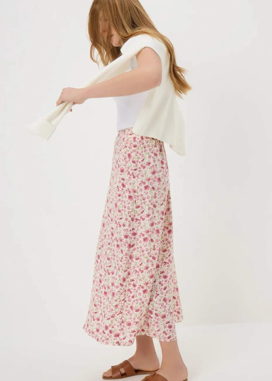 Pink Floral Flared Hem Midi Skirt