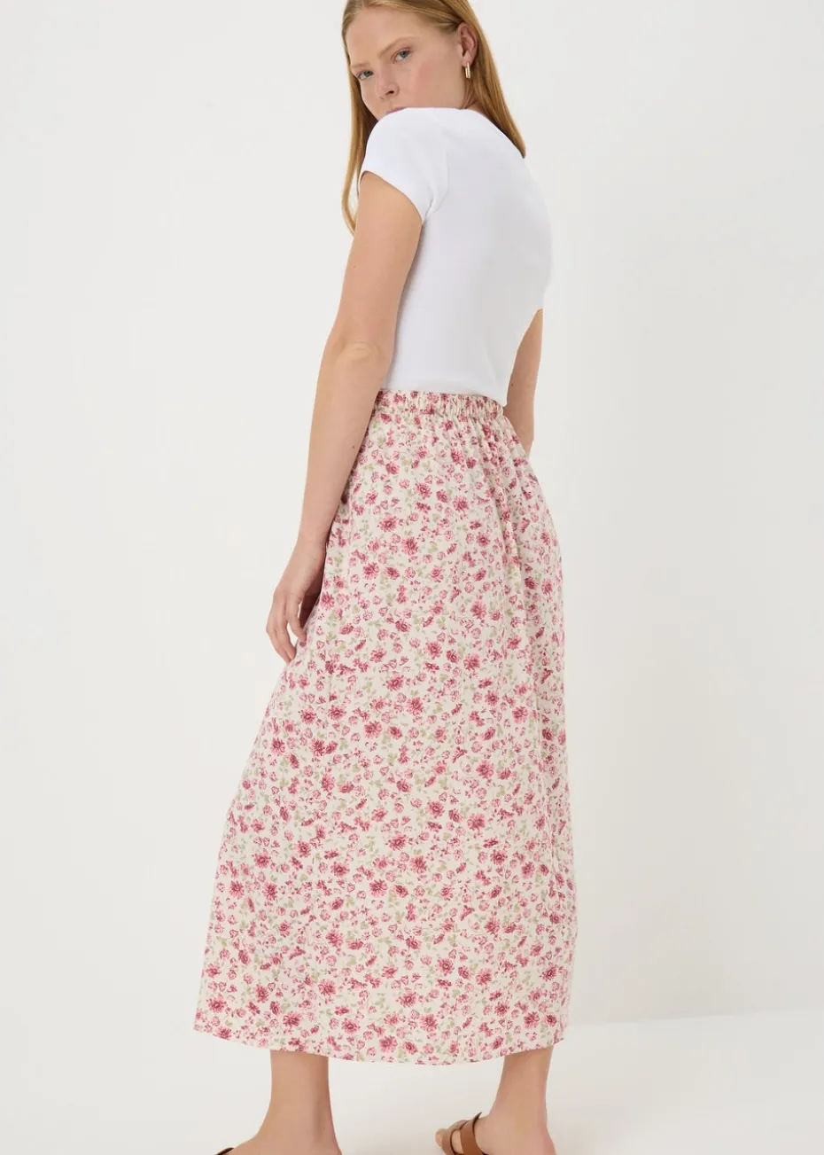Pink Floral Flared Hem Midi Skirt