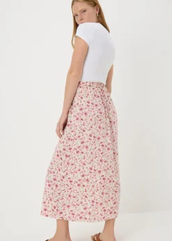 Pink Floral Flared Hem Midi Skirt