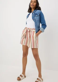 Pink Stripe Linen Blend Tie Shorts