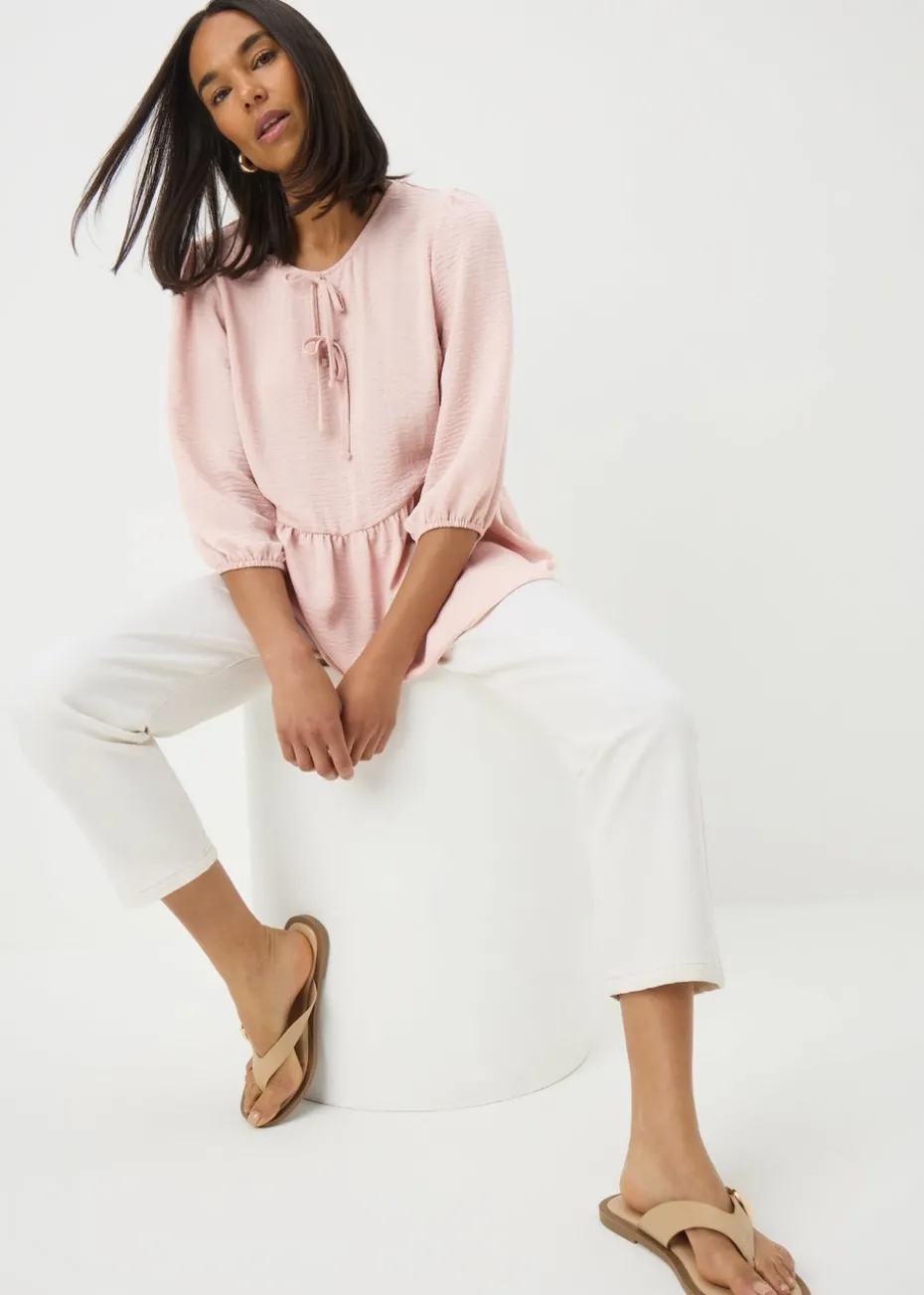 Pink Tie Neck Peplum Blouse