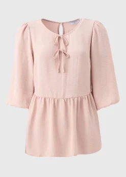 Pink Tie Neck Peplum Blouse