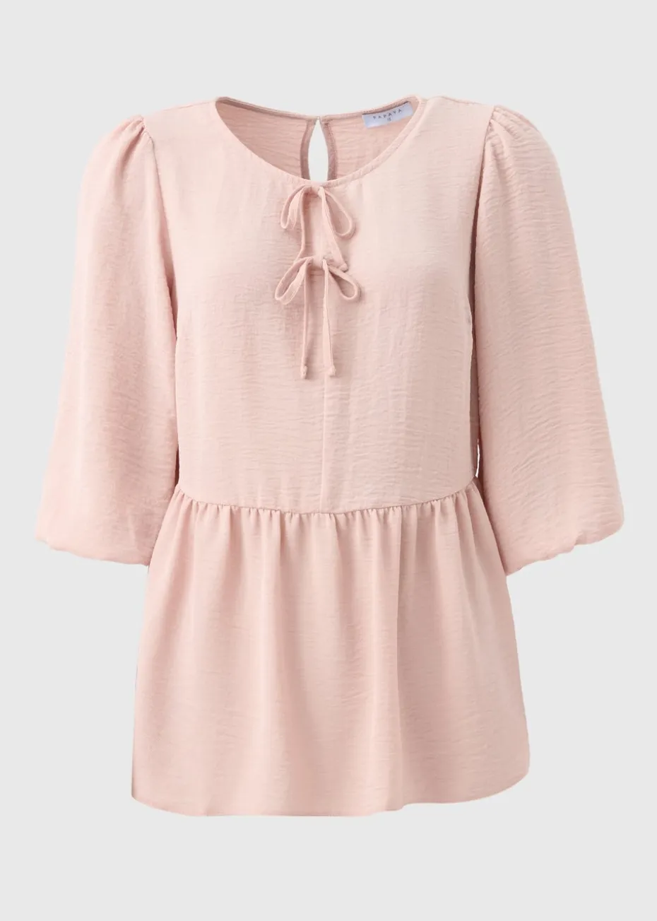 Pink Tie Neck Peplum Blouse