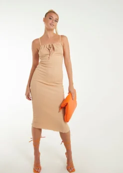 Pink Vanilla Beige Crinkle Tie Midi Dress