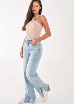 Pink Vanilla Beige Ribbed Sleeveless Halter Neck Top