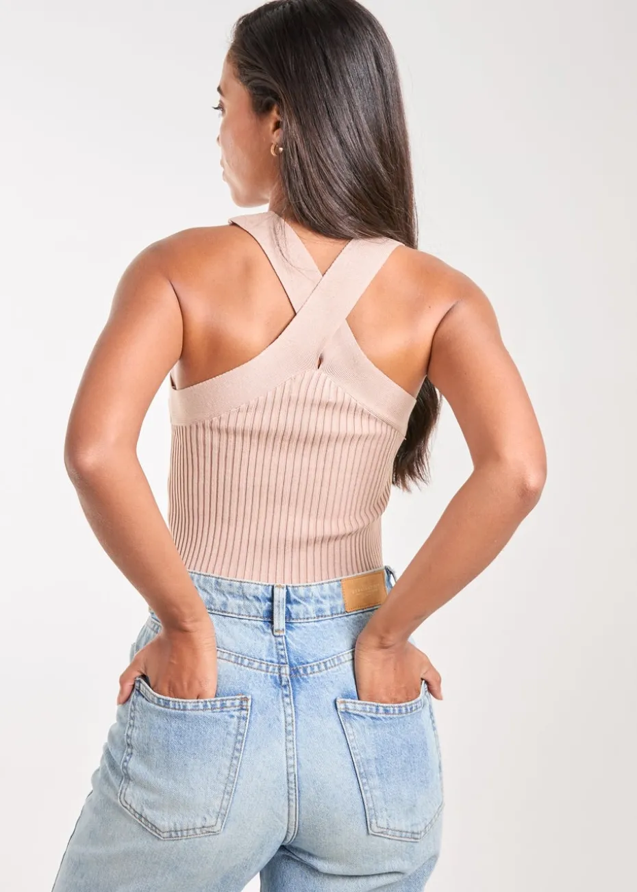 Pink Vanilla Beige Ribbed Sleeveless Halter Neck Top